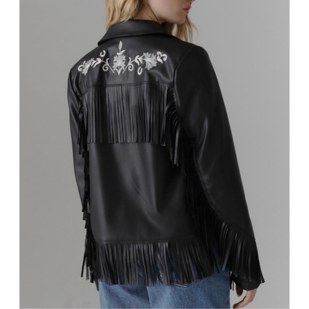 Urban Outfitters Women Black Leather Western Embroidered Fringe Cowgirl Jacket